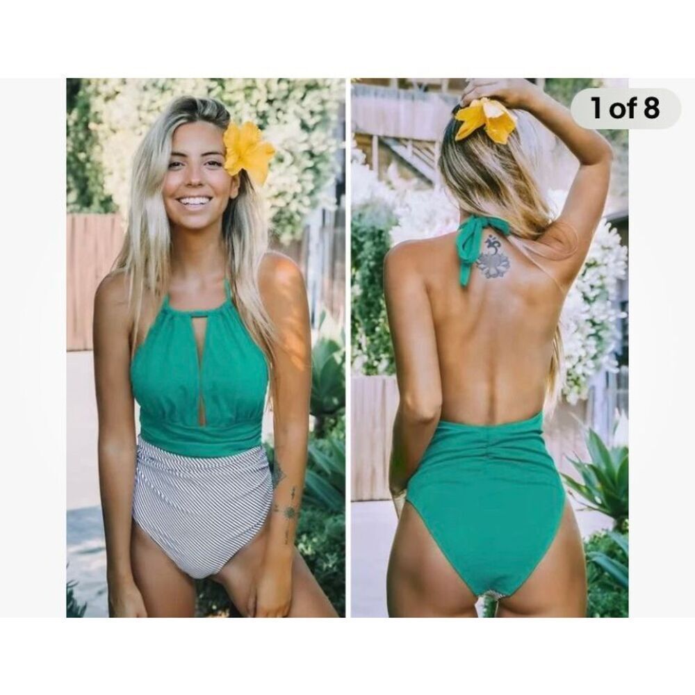 NWT cupshe aqua textured, striped halter, tummy control swimsuit L
